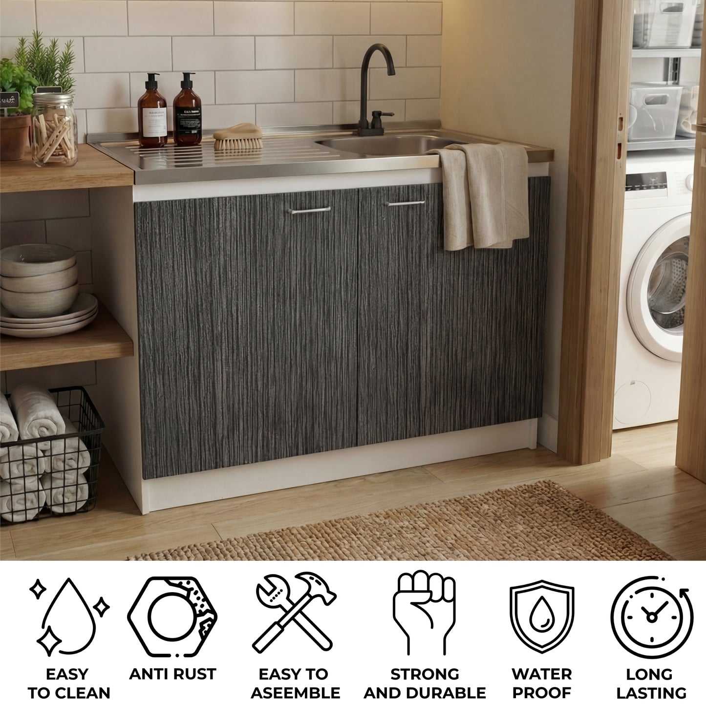 TUHOME Napoles Utility Sink Cabinet with Integrated Steel Sink, Double Door Storage, Interior Shelf and Durable Aluminum Countertop Offering Practical Organization and Functional Workspace.