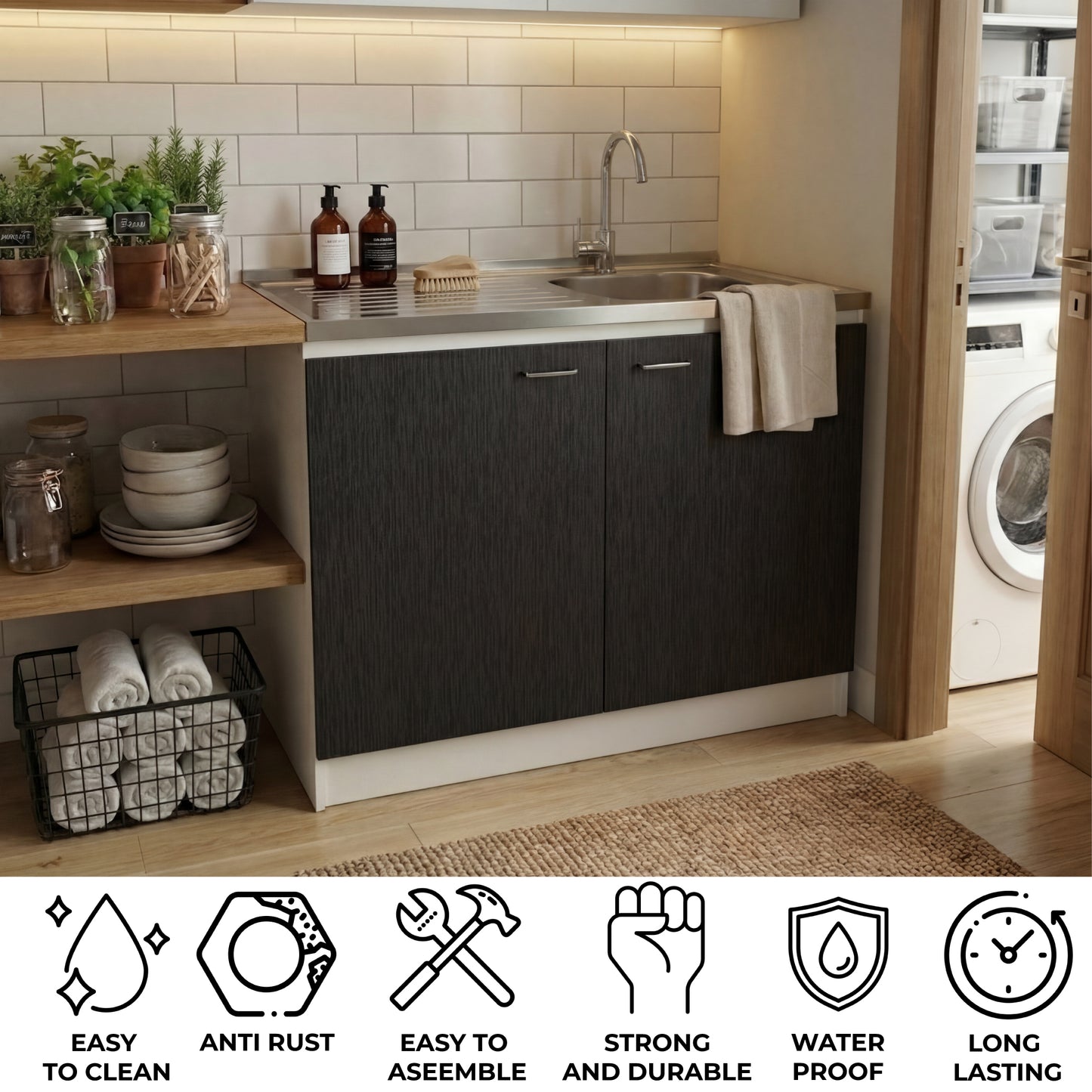 TUHOME Napoles Utility Sink Cabinet with Integrated Steel Sink, Double Door Storage, Interior Shelf and Durable Aluminum Countertop Offering Practical Organization and Functional Workspace for Modern Home Kitchens