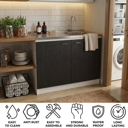 TUHOME Napoles Utility Sink Cabinet with Integrated Steel Sink, Double Door Storage, Interior Shelf and Durable Aluminum Countertop Offering Practical Organization and Functional Workspace for Modern Home Kitchens
