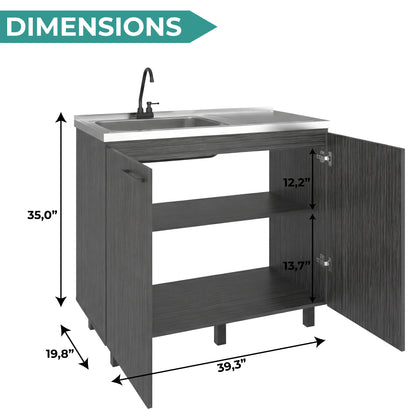 Napoles Utility Sink with Faucet Inclued and Integrated Steel Counter top, Freestanding cabinet with two doors, Metal Handles and Two interior shelves.