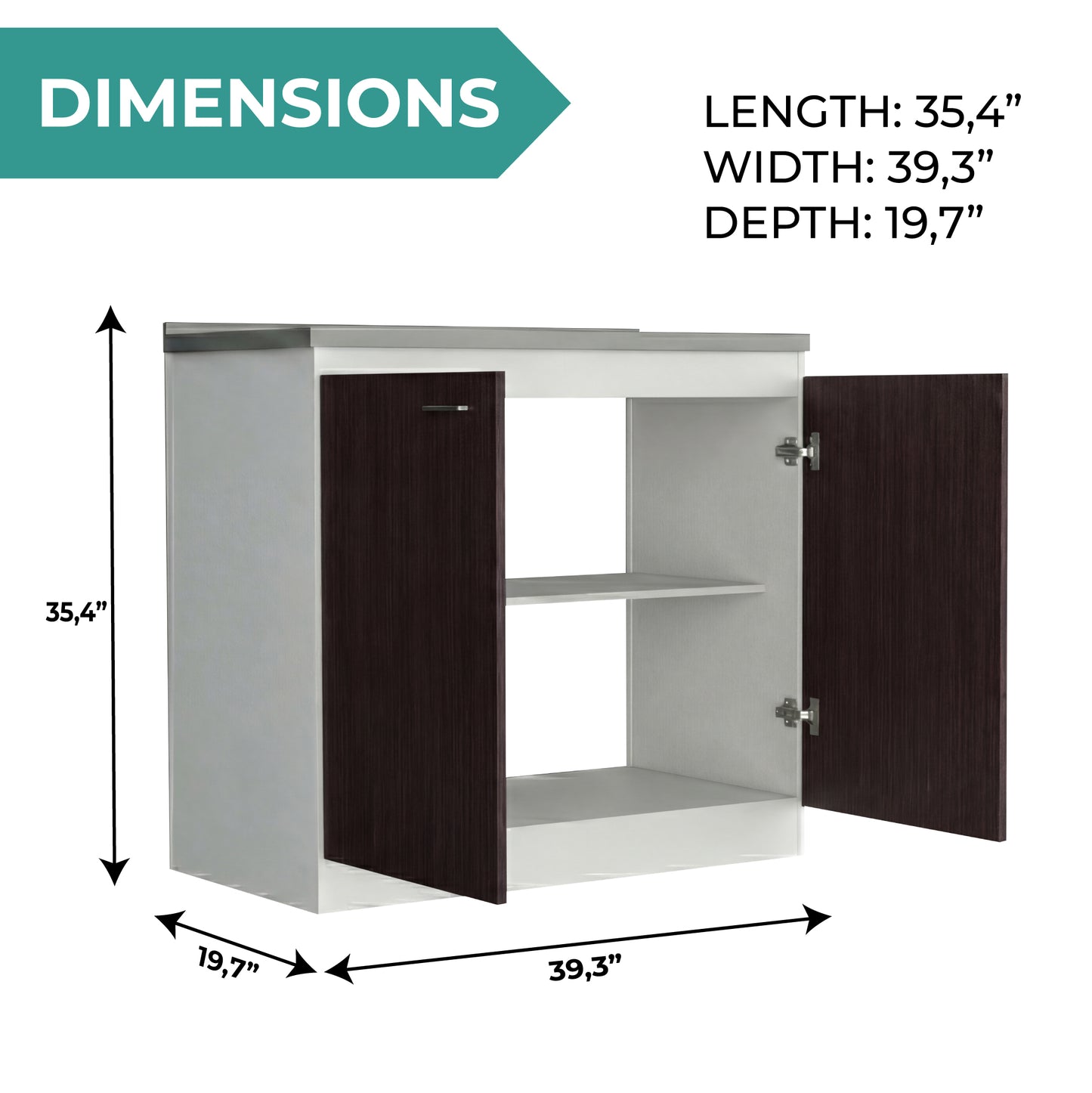 TUHOME Napoles Utility Sink Cabinet with Integrated Steel Sink, Double Door Storage, Interior Shelf and Durable Aluminum Countertop Offering Practical Organization and Functional Workspace.