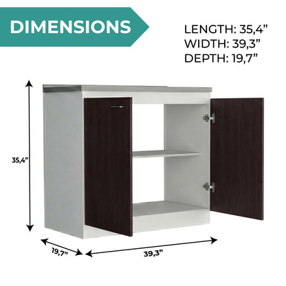 TUHOME Napoles Utility Sink Cabinet with Integrated Steel Sink, Double Door Storage, Interior Shelf and Durable Aluminum Countertop Offering Practical Organization and Functional Workspace.