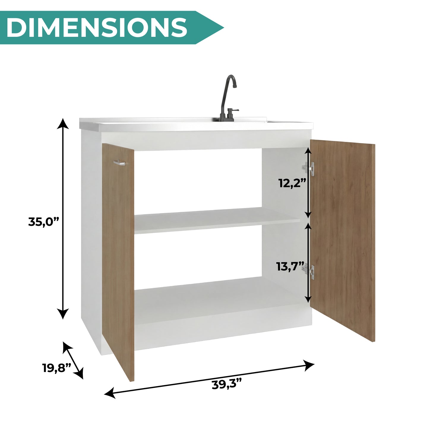Napoles Utility Sink with Faucet Inclued and Integrated Steel Counter top, Freestanding cabinet with two doors, Metal Handles and Two interior shelves.
