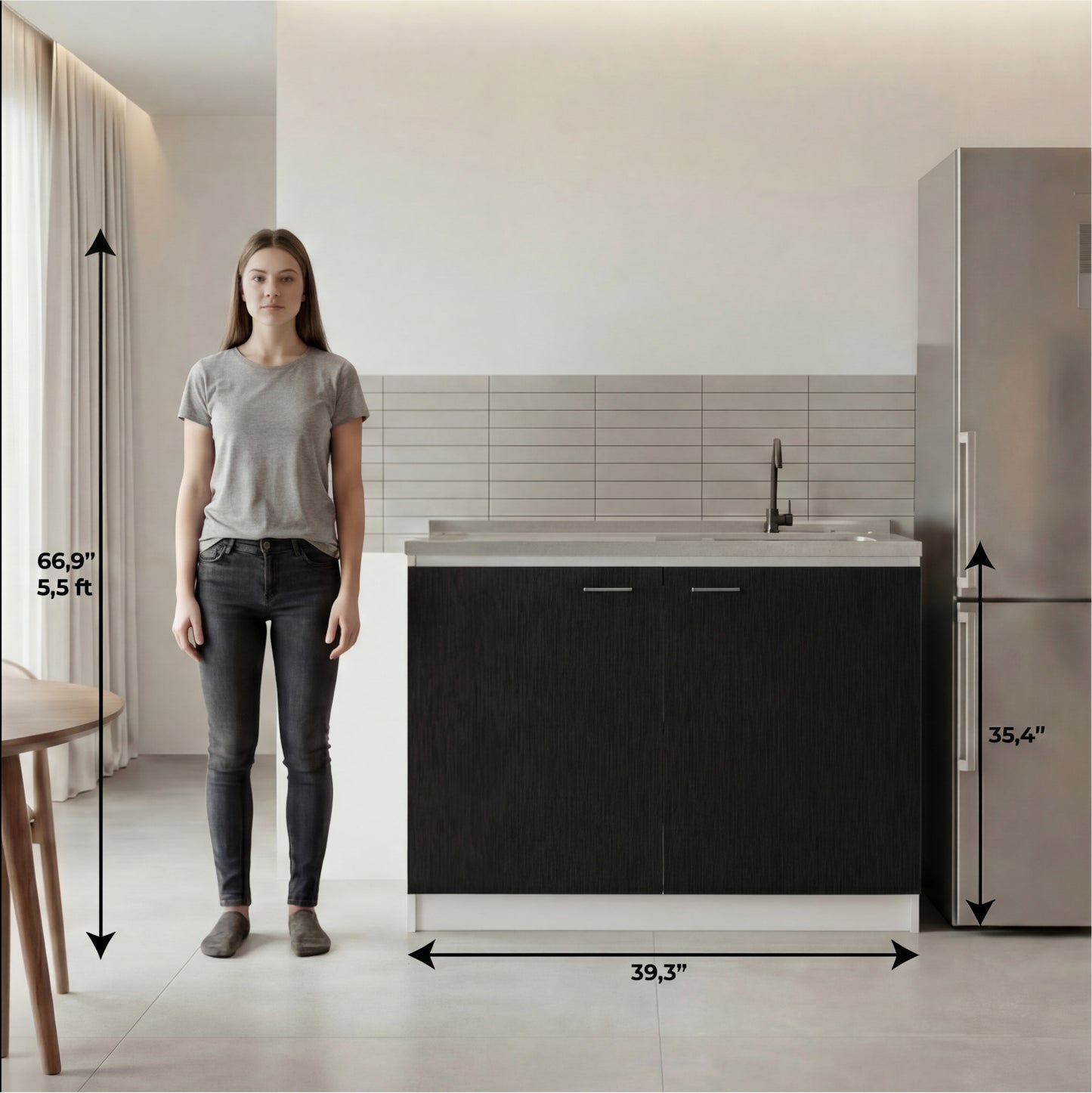 TUHOME Napoles Utility Sink Cabinet with Integrated Steel Sink, Double Door Storage, Interior Shelf and Durable Aluminum Countertop Offering Practical Organization and Functional Workspace for Modern Home Kitchens