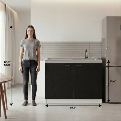 TUHOME Napoles Utility Sink Cabinet with Integrated Steel Sink, Double Door Storage, Interior Shelf and Durable Aluminum Countertop Offering Practical Organization and Functional Workspace for Modern Home Kitchens