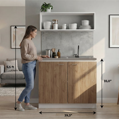 Napoles Utility Sink with Faucet Inclued and Integrated Steel Counter top, Freestanding cabinet with two doors, Metal Handles and Two interior shelves.