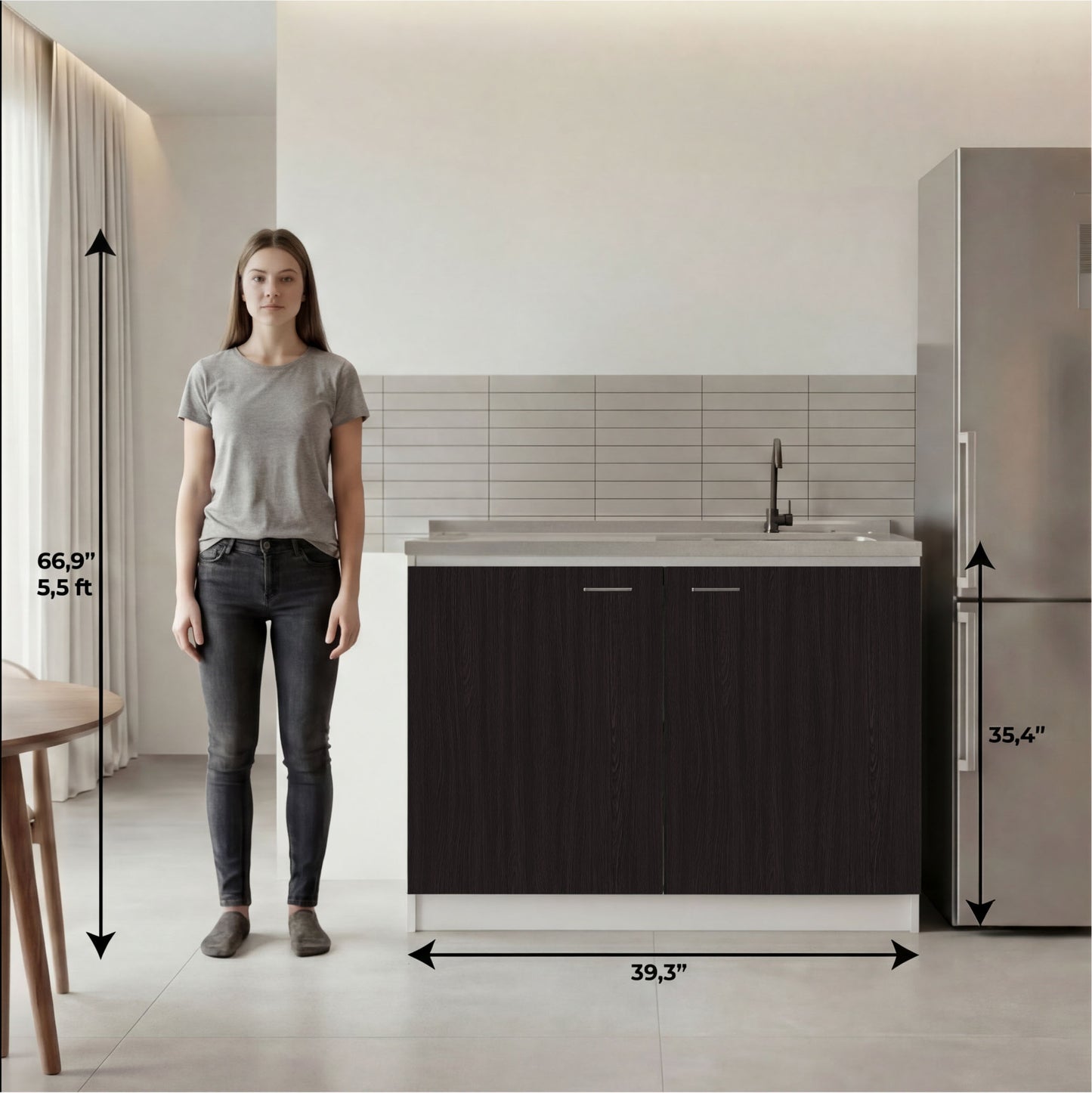 TUHOME Napoles Utility Sink Cabinet with Integrated Steel Sink, Double Door Storage, Interior Shelf and Durable Aluminum Countertop Offering Practical Organization and Functional Workspace.