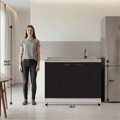 TUHOME Napoles Utility Sink Cabinet with Integrated Steel Sink, Double Door Storage, Interior Shelf and Durable Aluminum Countertop Offering Practical Organization and Functional Workspace.