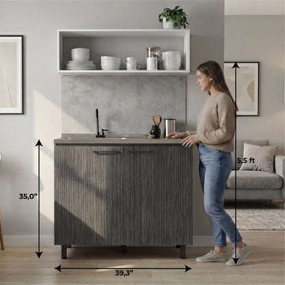 Napoles Utility Sink with Faucet Inclued and Integrated Steel Counter top, Freestanding cabinet with two doors, Metal Handles and Two interior shelves.