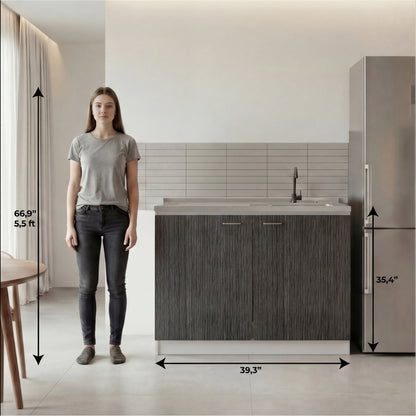 TUHOME Napoles Utility Sink Cabinet with Integrated Steel Sink, Double Door Storage, Interior Shelf and Durable Aluminum Countertop Offering Practical Organization and Functional Workspace.