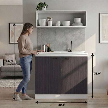 TUHOME Napoles Utility Sink Cabinet with Integrated Steel Sink, Double Door Storage, Interior Shelf and Durable Aluminum Countertop Offering Practical Organization and Functional Workspace.