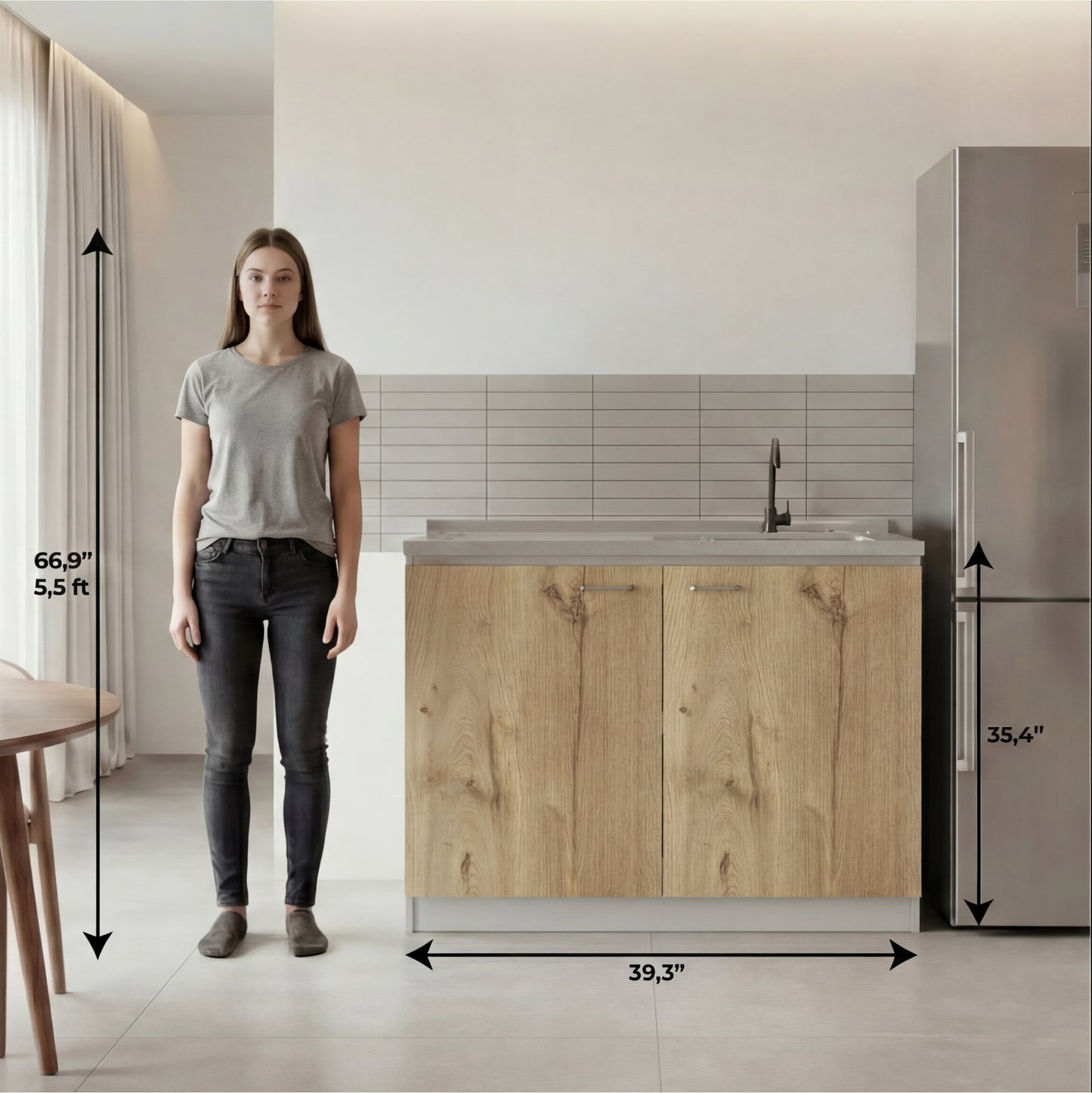 TUHOME Napoles Utility Sink Cabinet with Integrated Steel Sink, Double Door Storage, Interior Shelf and Durable Aluminum Countertop Offering Practical Organization and Functional Workspace.
