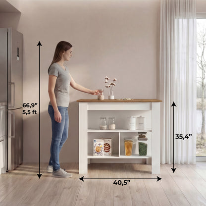 Tuhome Cala Kitchen Island with Spacious Tabletop, Three Open Storage Shelves, Four Sturdy Legs and Comfortable Meal Prep Workstation Design for Modern, Functional and Organized Everyday Culinary Spaces