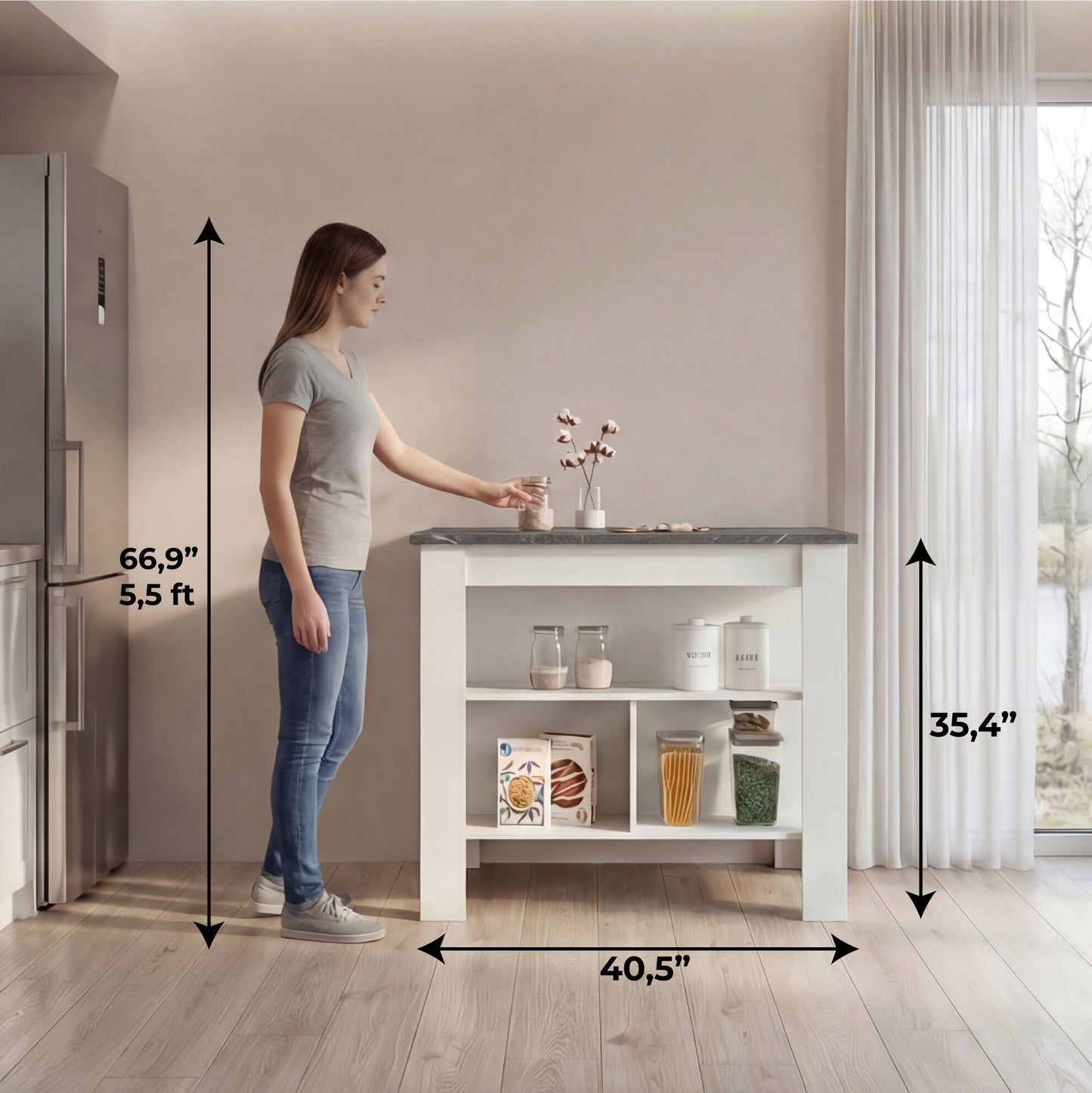 Tuhome Cala Kitchen Island with Spacious Tabletop, Three Open Storage Shelves, Four Sturdy Legs and Comfortable Meal Prep Workstation Design for Modern, Functional and Organized Everyday Culinary Spaces