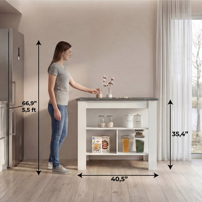 Tuhome Cala Kitchen Island with Spacious Tabletop, Three Open Storage Shelves, Four Sturdy Legs and Comfortable Meal Prep Workstation Design for Modern, Functional and Organized Everyday Culinary Spaces