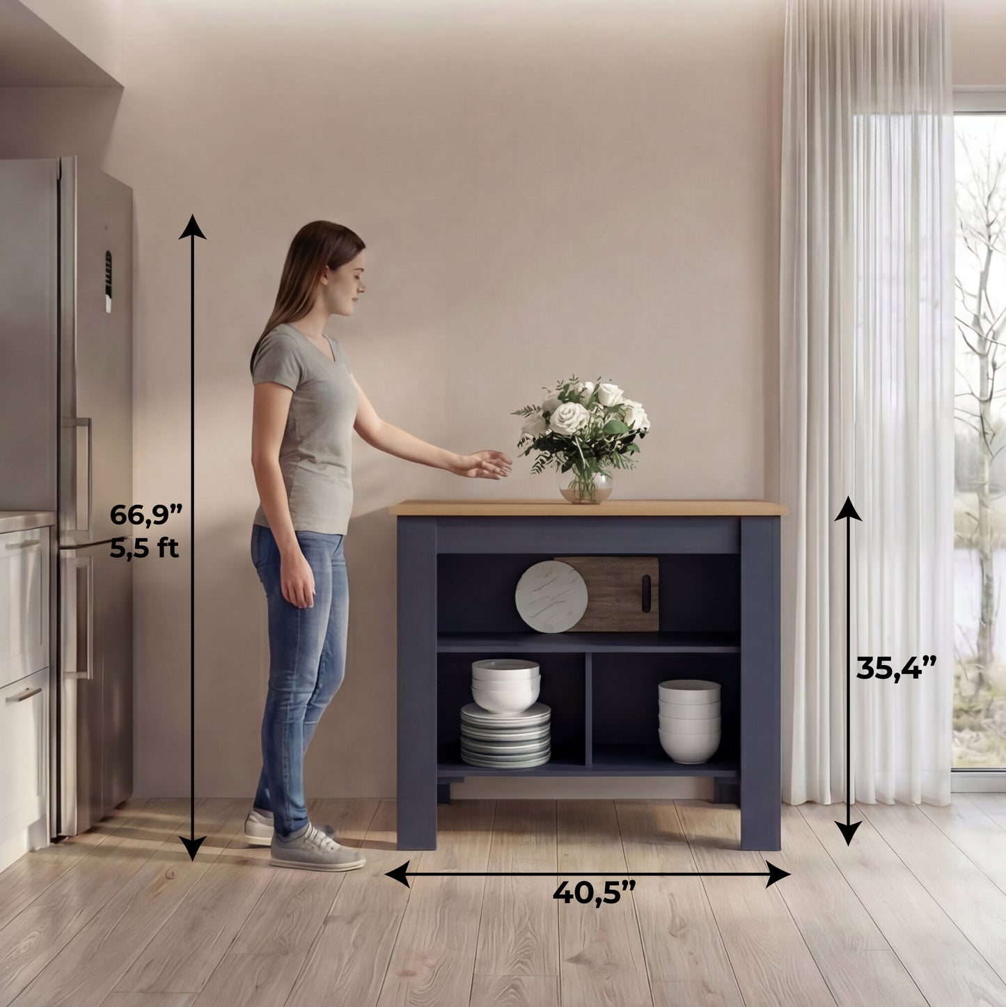 Tuhome Cala Kitchen Island with Spacious Tabletop, Three Open Storage Shelves, Four Sturdy Legs and Comfortable Meal Prep Workstation Design for Modern, Functional and Organized Everyday Culinary Spaces