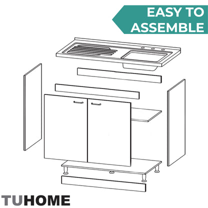 TUHOME Napoles Utility Sink Cabinet with Integrated Steel Sink, Double Door Storage, Interior Shelf and Durable Aluminum Countertop Offering Practical Organization and Functional Workspace.