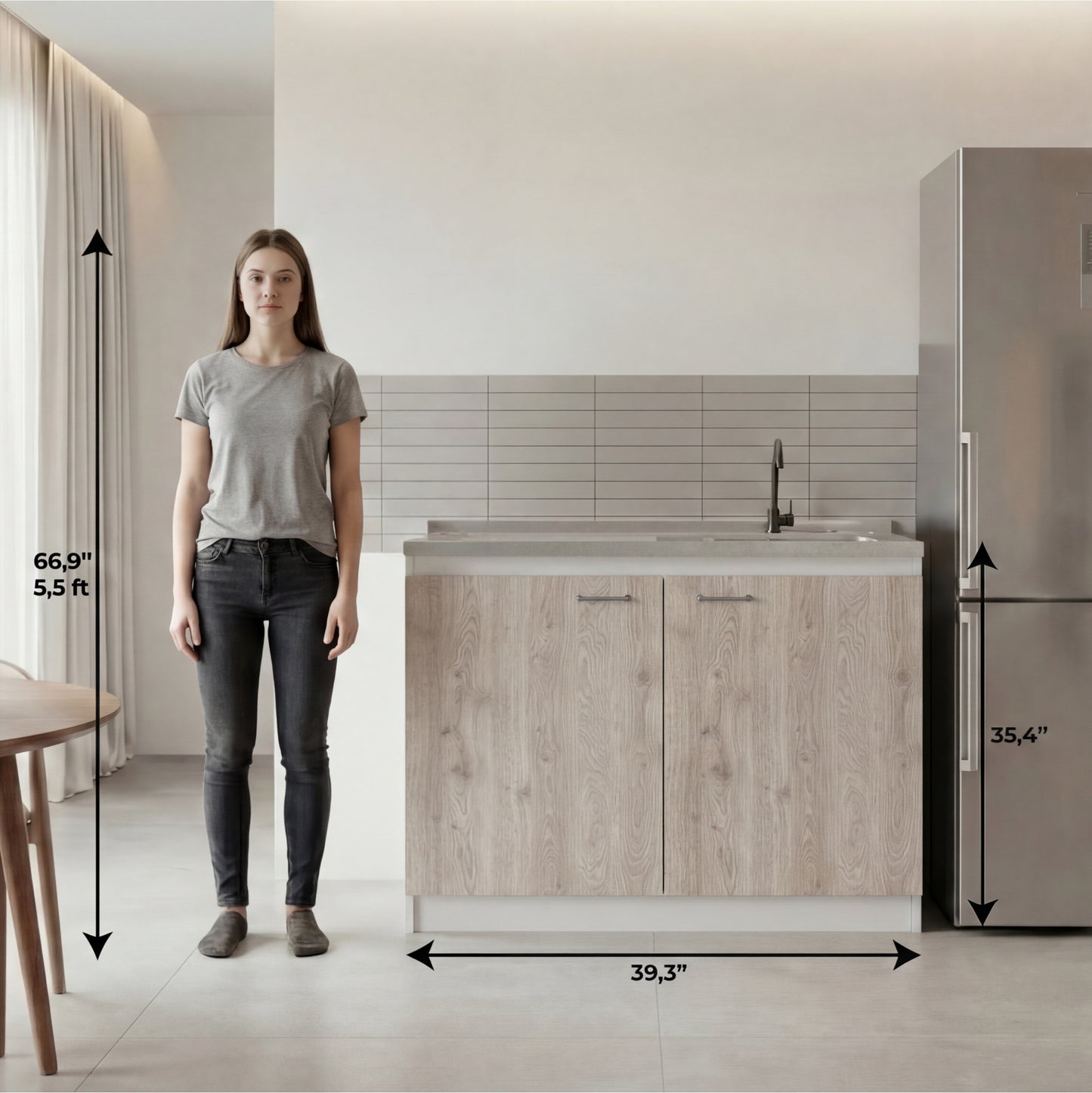 TUHOME Napoles Utility Sink Cabinet with Integrated Steel Sink, Double Door Storage, Interior Shelf and Durable Aluminum Countertop Offering Practical Organization and Functional Workspace.