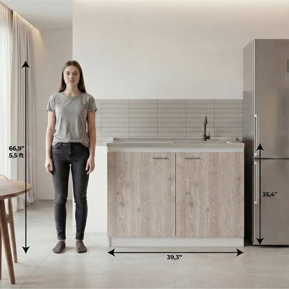 TUHOME Napoles Utility Sink Cabinet with Integrated Steel Sink, Double Door Storage, Interior Shelf and Durable Aluminum Countertop Offering Practical Organization and Functional Workspace.