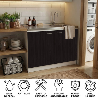 TUHOME Napoles Utility Sink Cabinet with Integrated Steel Sink, Double Door Storage, Interior Shelf and Durable Aluminum Countertop Offering Practical Organization and Functional Workspace.