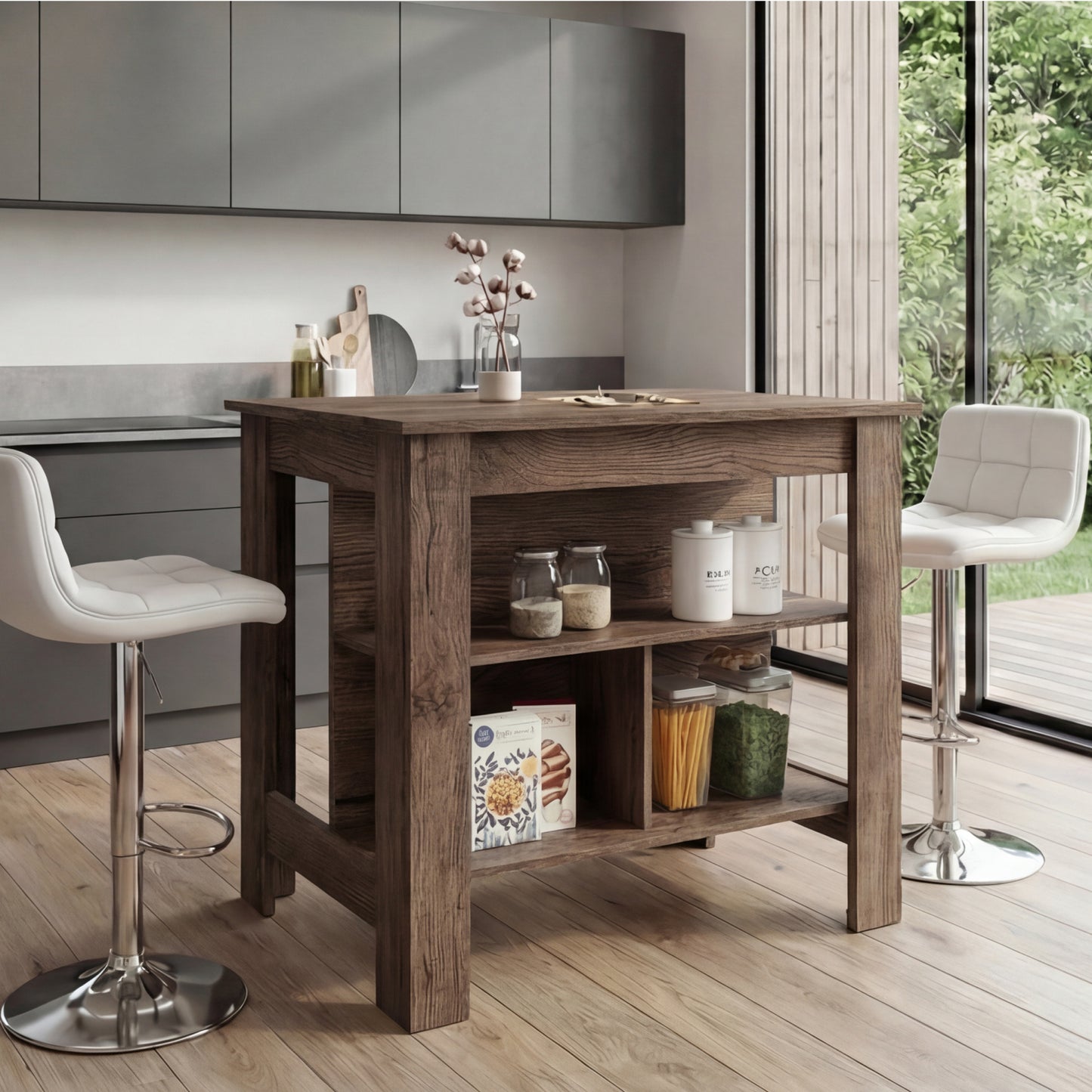 Tuhome Cala Kitchen Island with Spacious Tabletop, Three Open Storage Shelves, Four Sturdy Legs and Comfortable Meal Prep Workstation Design for Modern, Functional and Organized Everyday Culinary Spaces
