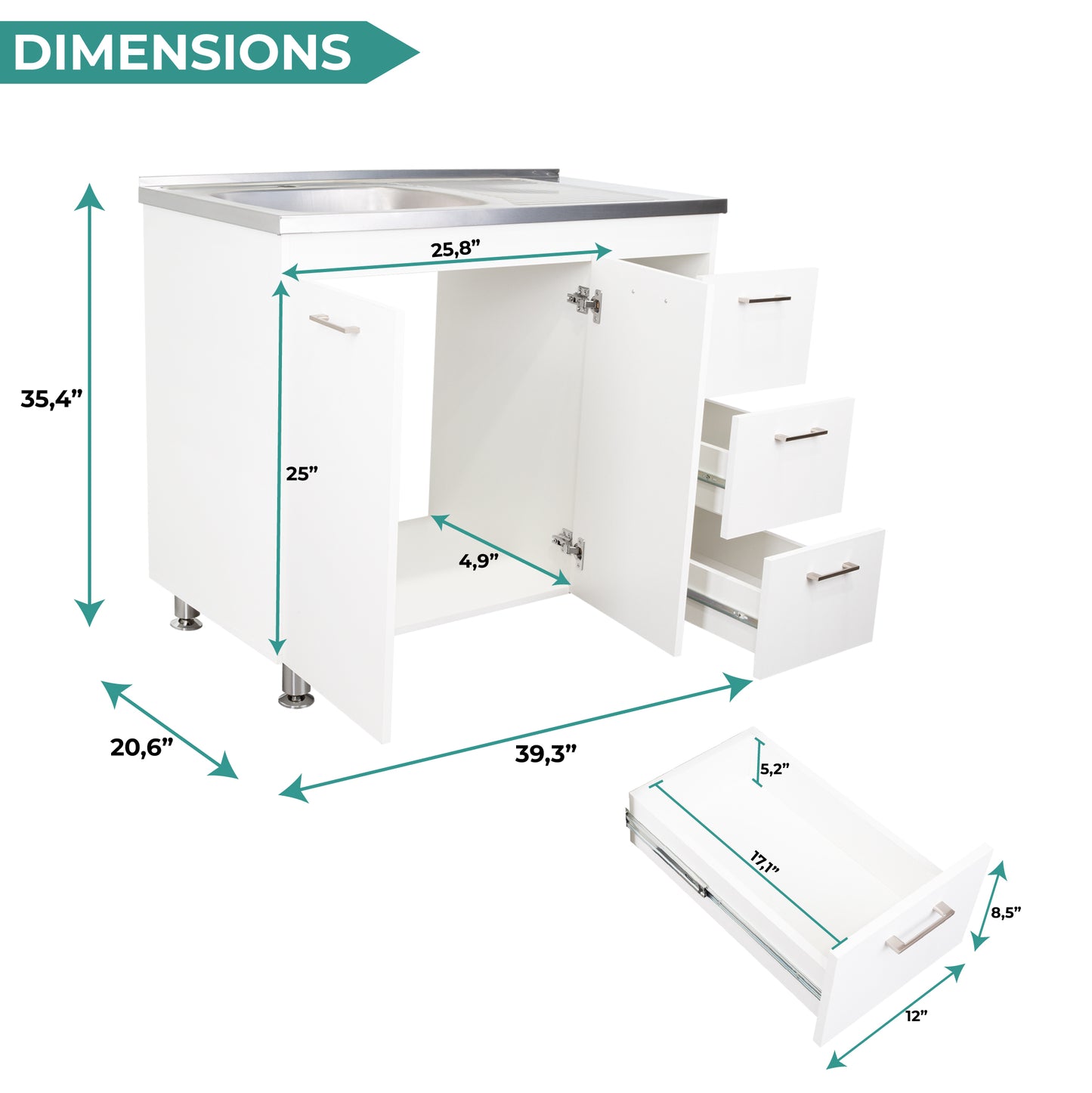 Ferretti Utility Sink Base Cabinet with Stainless Steel Countertop, Three Storage Drawers, Double-Door Cabinet and Integrated Faucet Opening for Modern Kitchen Organization, Prep Convenience and Functional Home Utility