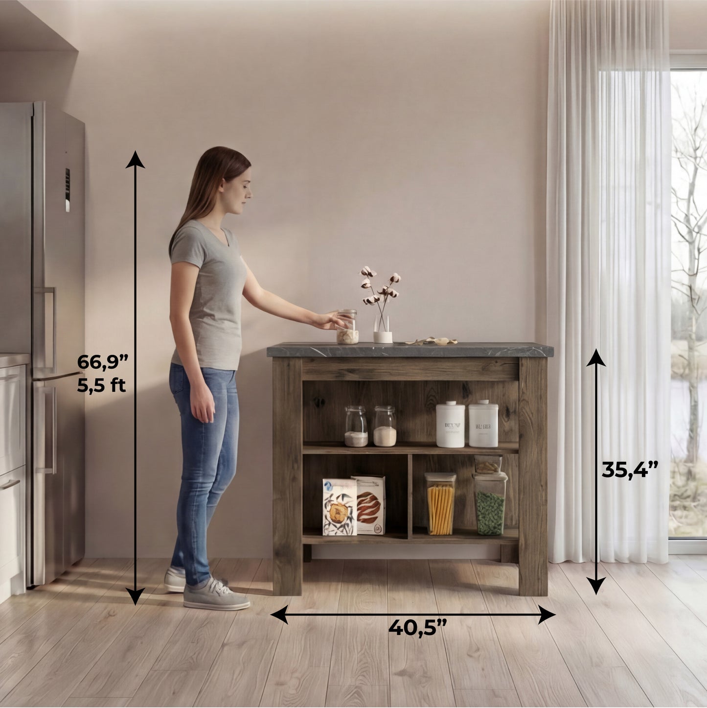 Tuhome Cala Kitchen Island with Spacious Tabletop, Three Open Storage Shelves, Four Sturdy Legs and Comfortable Meal Prep Workstation Design for Modern, Functional and Organized Everyday Culinary Spaces
