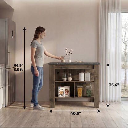 Tuhome Cala Kitchen Island with Spacious Tabletop, Three Open Storage Shelves, Four Sturdy Legs and Comfortable Meal Prep Workstation Design for Modern, Functional and Organized Everyday Culinary Spaces