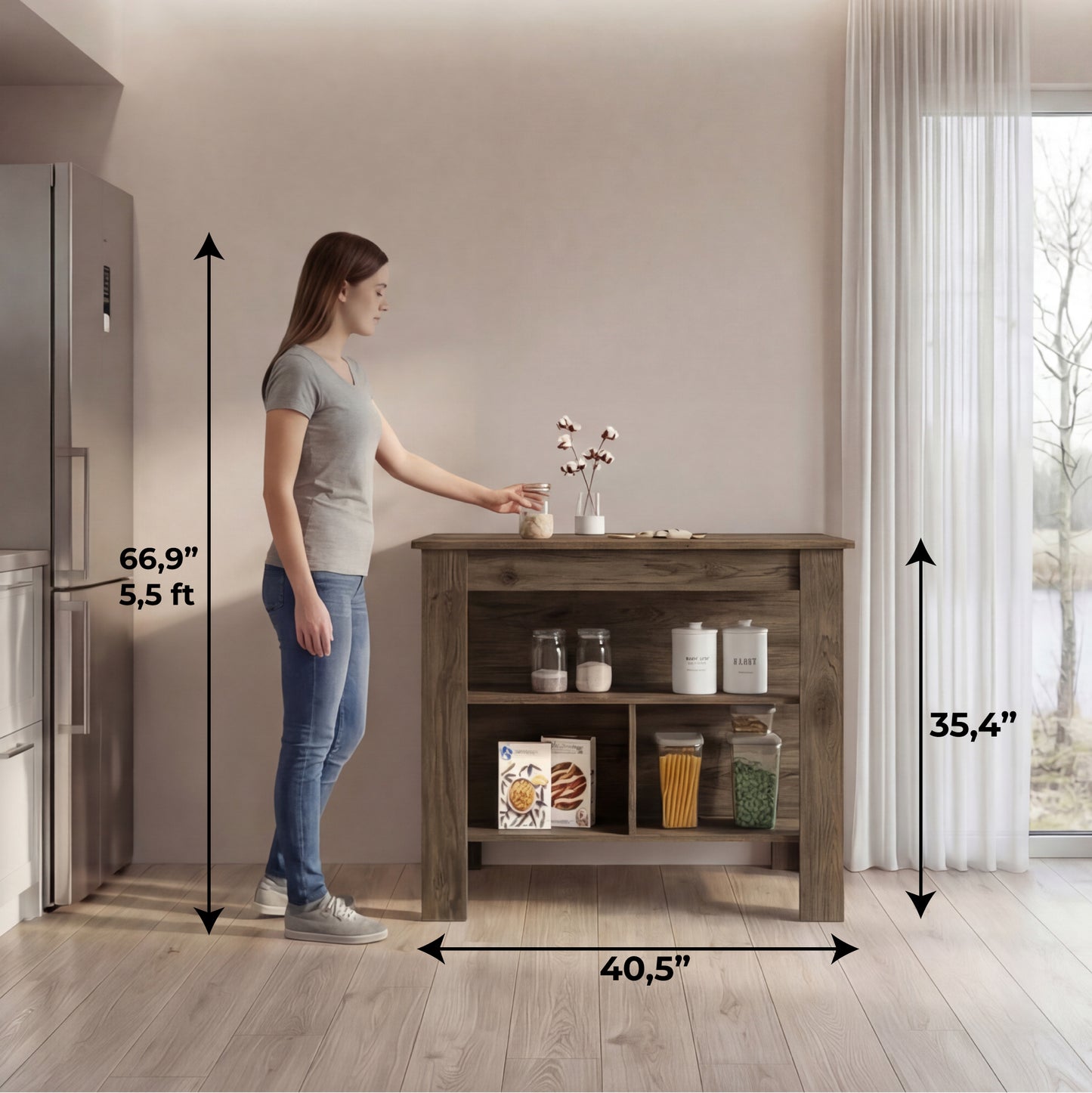 Tuhome Cala Kitchen Island with Spacious Tabletop, Three Open Storage Shelves, Four Sturdy Legs and Comfortable Meal Prep Workstation Design for Modern, Functional and Organized Everyday Culinary Spaces
