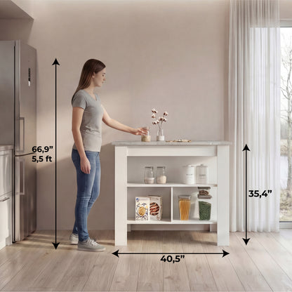 Tuhome Cala Kitchen Island with Spacious Tabletop, Three Open Storage Shelves, Four Sturdy Legs and Comfortable Meal Prep Workstation Design for Modern, Functional and Organized Everyday Culinary Spaces