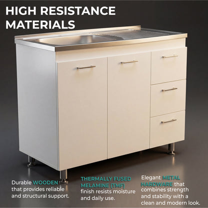 Ferretti Utility Sink Base Cabinet with Stainless Steel Countertop, Three Storage Drawers, Double-Door Cabinet and Integrated Faucet Opening for Modern Kitchen Organization, Prep Convenience and Functional Home Utility