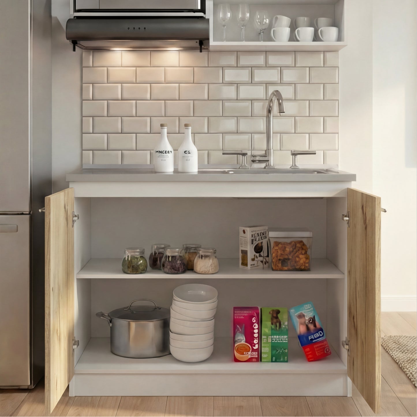 TUHOME Napoles Utility Sink Cabinet with Integrated Steel Sink, Double Door Storage, Interior Shelf and Durable Aluminum Countertop Offering Practical Organization and Functional Workspace for Modern Home Kitchens
