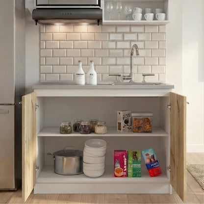 TUHOME Napoles Utility Sink Cabinet with Integrated Steel Sink, Double Door Storage, Interior Shelf and Durable Aluminum Countertop Offering Practical Organization and Functional Workspace for Modern Home Kitchens