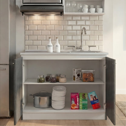 TUHOME Napoles Utility Sink Cabinet with Integrated Steel Sink, Double Door Storage, Interior Shelf and Durable Aluminum Countertop Offering Practical Organization and Functional Workspace for Modern Home Kitchens
