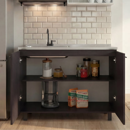 Napoles Utility Sink with Faucet Inclued and Integrated Steel Counter top, Freestanding cabinet with two doors, Metal Handles and Two interior shelves.