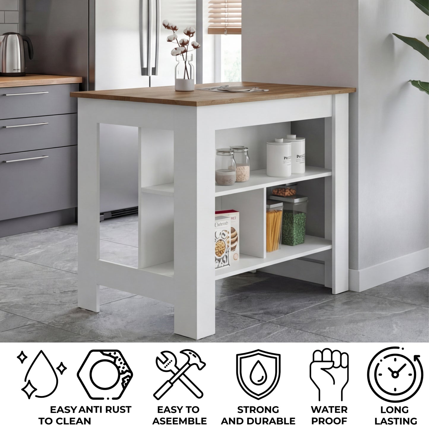 Tuhome Cala Kitchen Island with Spacious Tabletop, Three Open Storage Shelves, Four Sturdy Legs and Comfortable Meal Prep Workstation Design for Modern, Functional and Organized Everyday Culinary Spaces