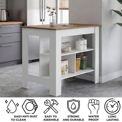 Tuhome Cala Kitchen Island with Spacious Tabletop, Three Open Storage Shelves, Four Sturdy Legs and Comfortable Meal Prep Workstation Design for Modern, Functional and Organized Everyday Culinary Spaces