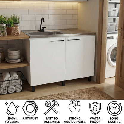Napoles Utility Sink with Faucet Inclued and Integrated Steel Counter top, Freestanding cabinet with two doors, Metal Handles and Two interior shelves.