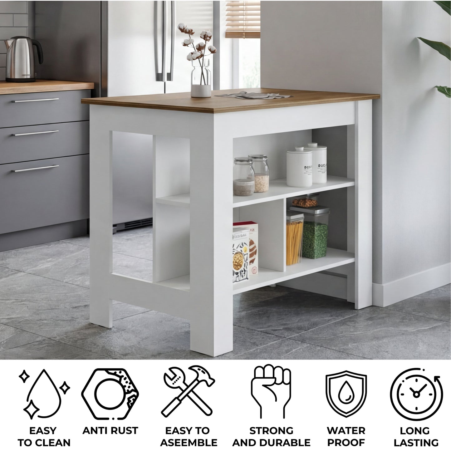 Tuhome Cala Kitchen Island with Spacious Tabletop, Three Open Storage Shelves, Four Sturdy Legs and Comfortable Meal Prep Workstation Design for Modern, Functional and Organized Everyday Culinary Spaces