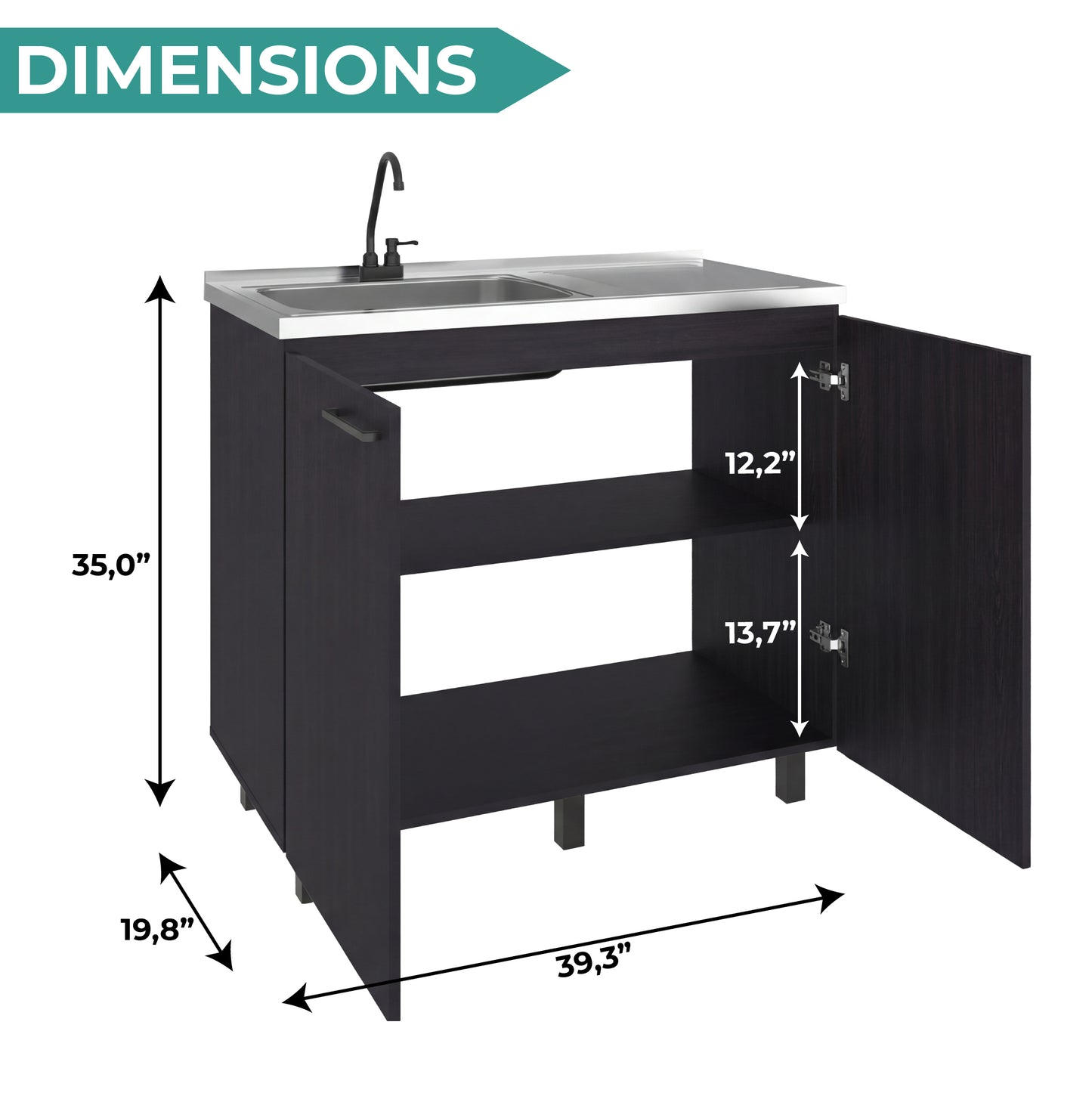 Napoles Utility Sink with Faucet Inclued and Integrated Steel Counter top, Freestanding cabinet with two doors, Metal Handles and Two interior shelves.