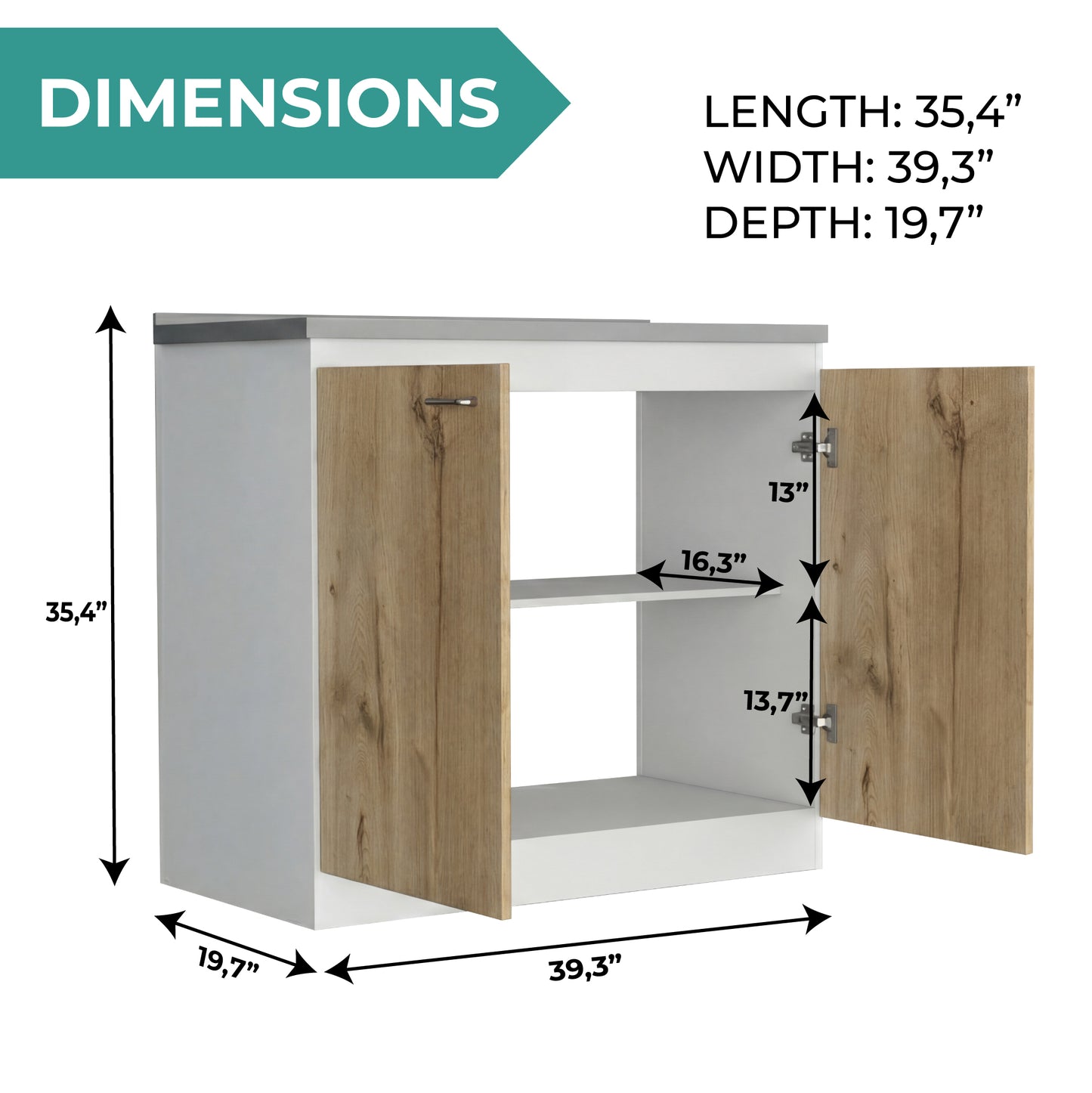TUHOME Napoles Utility Sink Cabinet with Integrated Steel Sink, Double Door Storage, Interior Shelf and Durable Aluminum Countertop Offering Practical Organization and Functional Workspace for Modern Home Kitchens