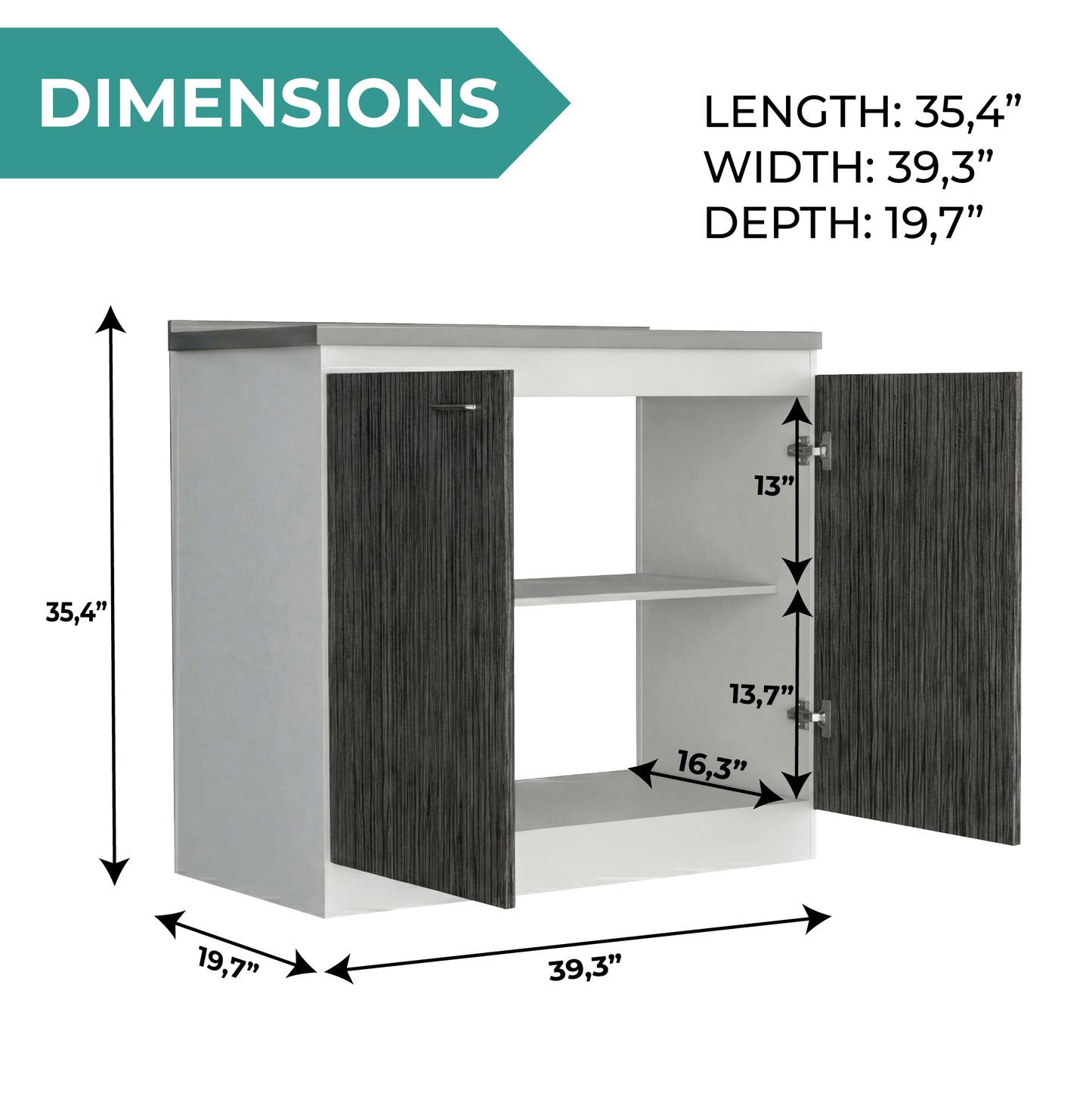 TUHOME Napoles Utility Sink Cabinet with Integrated Steel Sink, Double Door Storage, Interior Shelf and Durable Aluminum Countertop Offering Practical Organization and Functional Workspace for Modern Home Kitchens