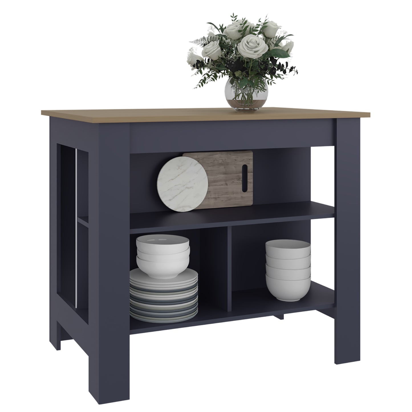 Tuhome Cala Kitchen Island with Spacious Tabletop, Three Open Storage Shelves, Four Sturdy Legs and Comfortable Meal Prep Workstation Design for Modern, Functional and Organized Everyday Culinary Spaces