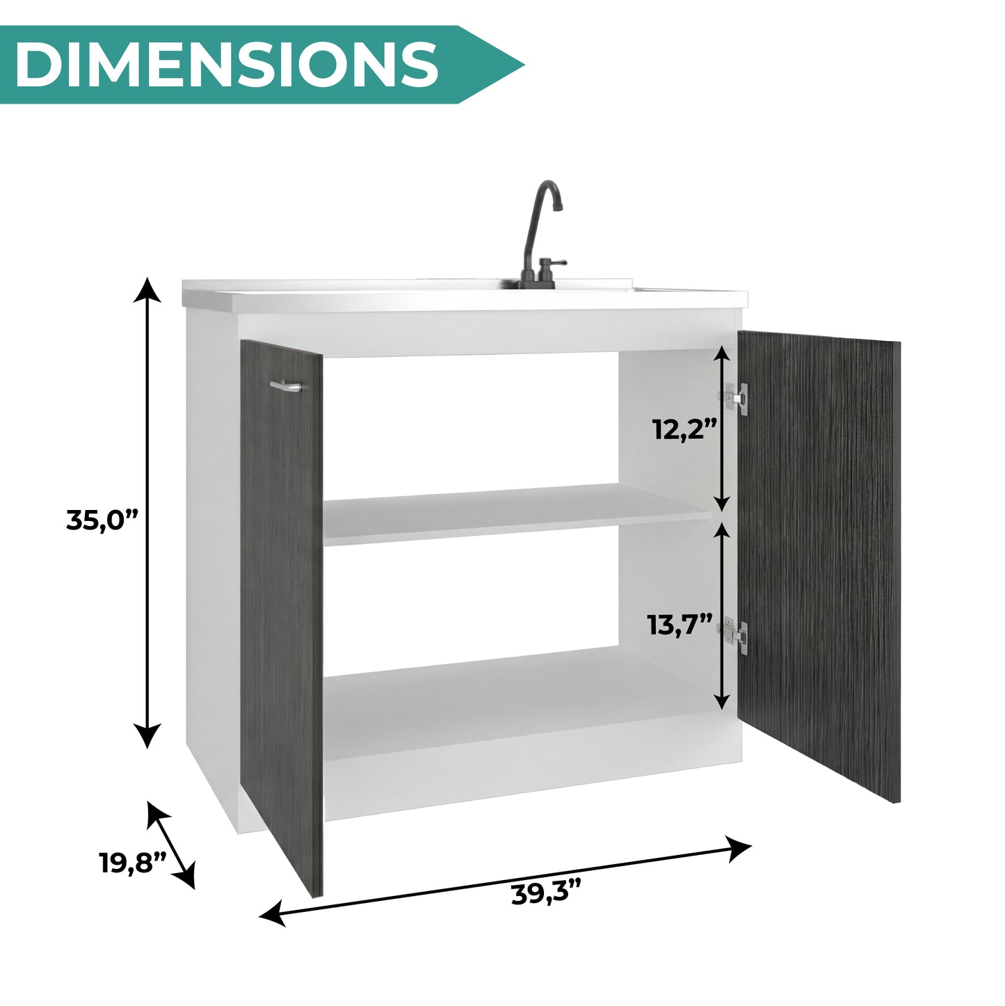 Napoles Utility Sink with Faucet Inclued and Integrated Steel Counter top, Freestanding cabinet with two doors, Metal Handles and Two interior shelves.