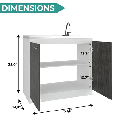 Napoles Utility Sink with Faucet Inclued and Integrated Steel Counter top, Freestanding cabinet with two doors, Metal Handles and Two interior shelves.