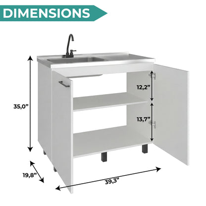 Napoles Utility Sink with Faucet Inclued and Integrated Steel Counter top, Freestanding cabinet with two doors, Metal Handles and Two interior shelves.