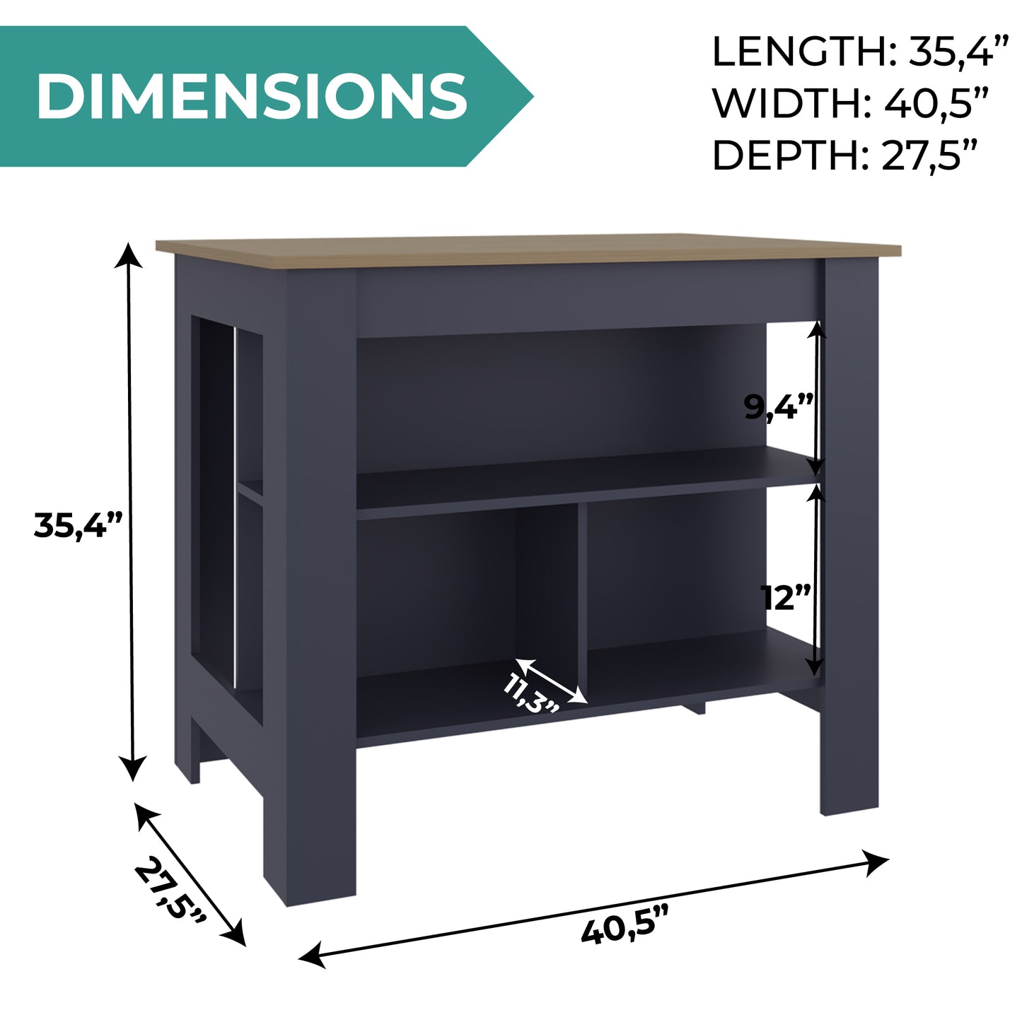 Tuhome Cala Kitchen Island with Spacious Tabletop, Three Open Storage Shelves, Four Sturdy Legs and Comfortable Meal Prep Workstation Design for Modern, Functional and Organized Everyday Culinary Spaces