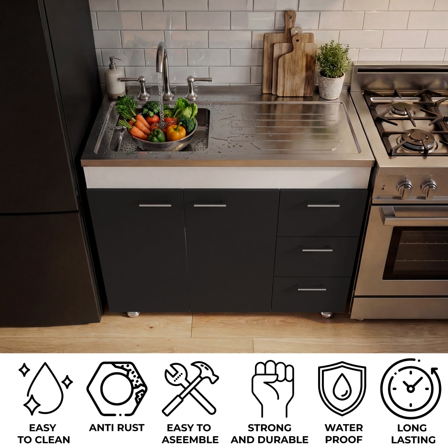 Ferretti Utility Sink Base Cabinet with Stainless Steel Countertop, Three Storage Drawers, Double-Door Cabinet and Integrated Faucet Opening for Modern Kitchen Organization, Prep Convenience and Functional Home Utility