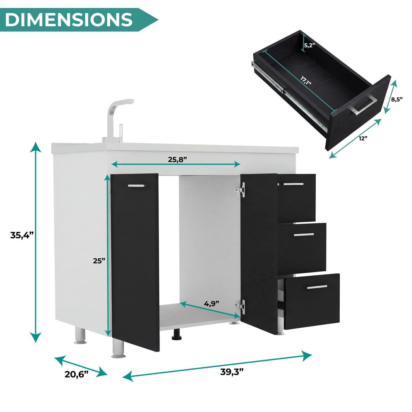 Ferretti Utility Sink Base Cabinet with Stainless Steel Countertop, Three Storage Drawers, Double-Door Cabinet and Integrated Faucet Opening for Modern Kitchen Organization, Prep Convenience and Functional Home Utility