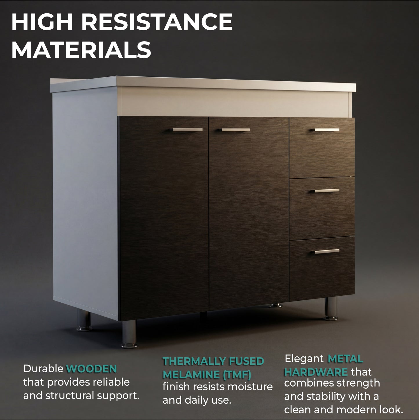 Ferretti Utility Sink Base Cabinet with Stainless Steel Countertop, Three Storage Drawers, Double-Door Cabinet and Integrated Faucet Opening for Modern Kitchen Organization, Prep Convenience and Functional Home Utility
